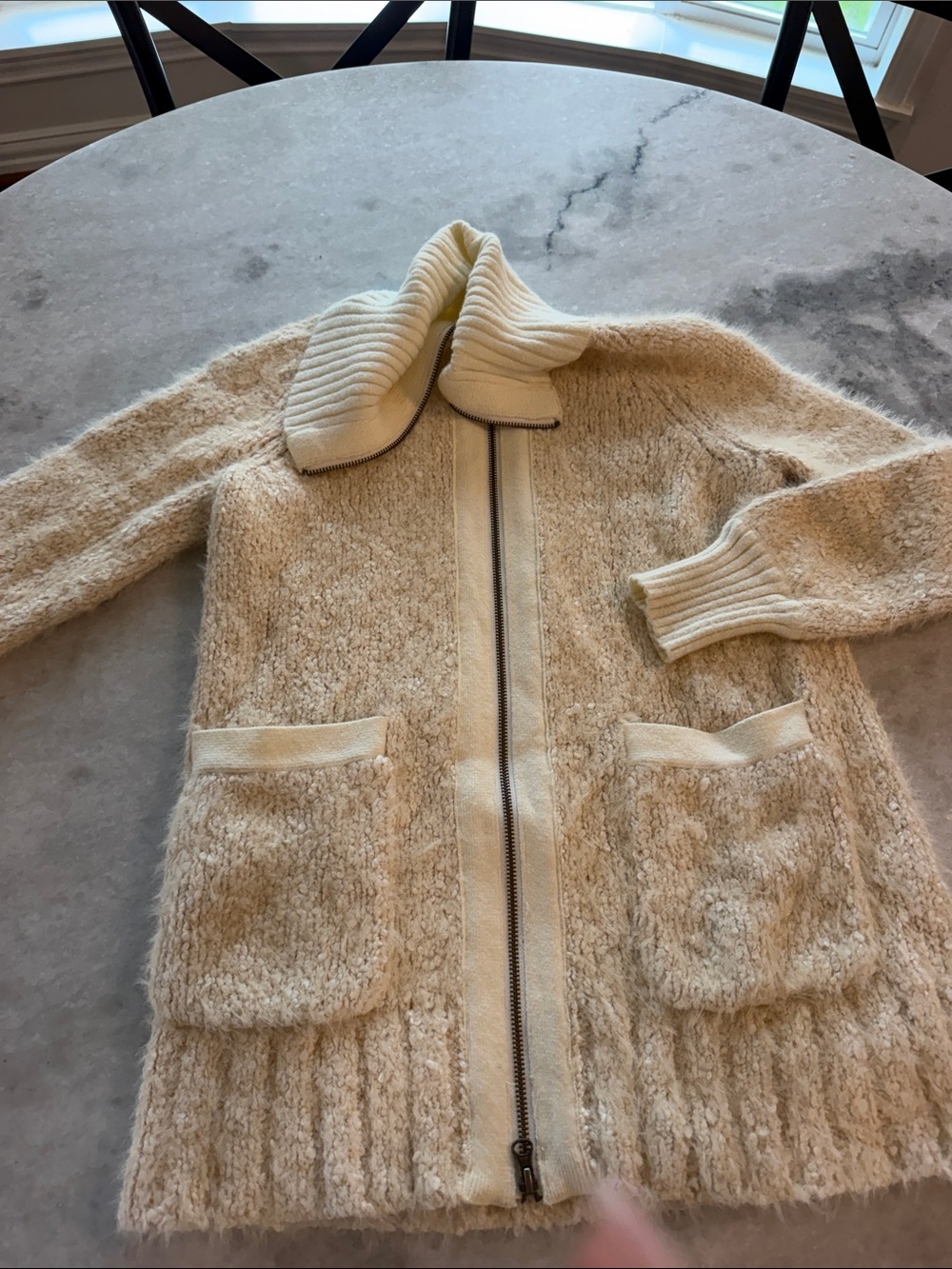 Anthropologie Cream Teddy Zip-Up Jacket with Ribbed Collar